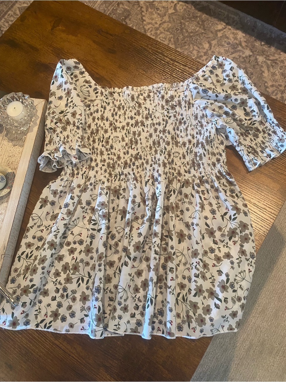 Source Unknown Cream Floral Smocked Off-Shoulder Tunic
